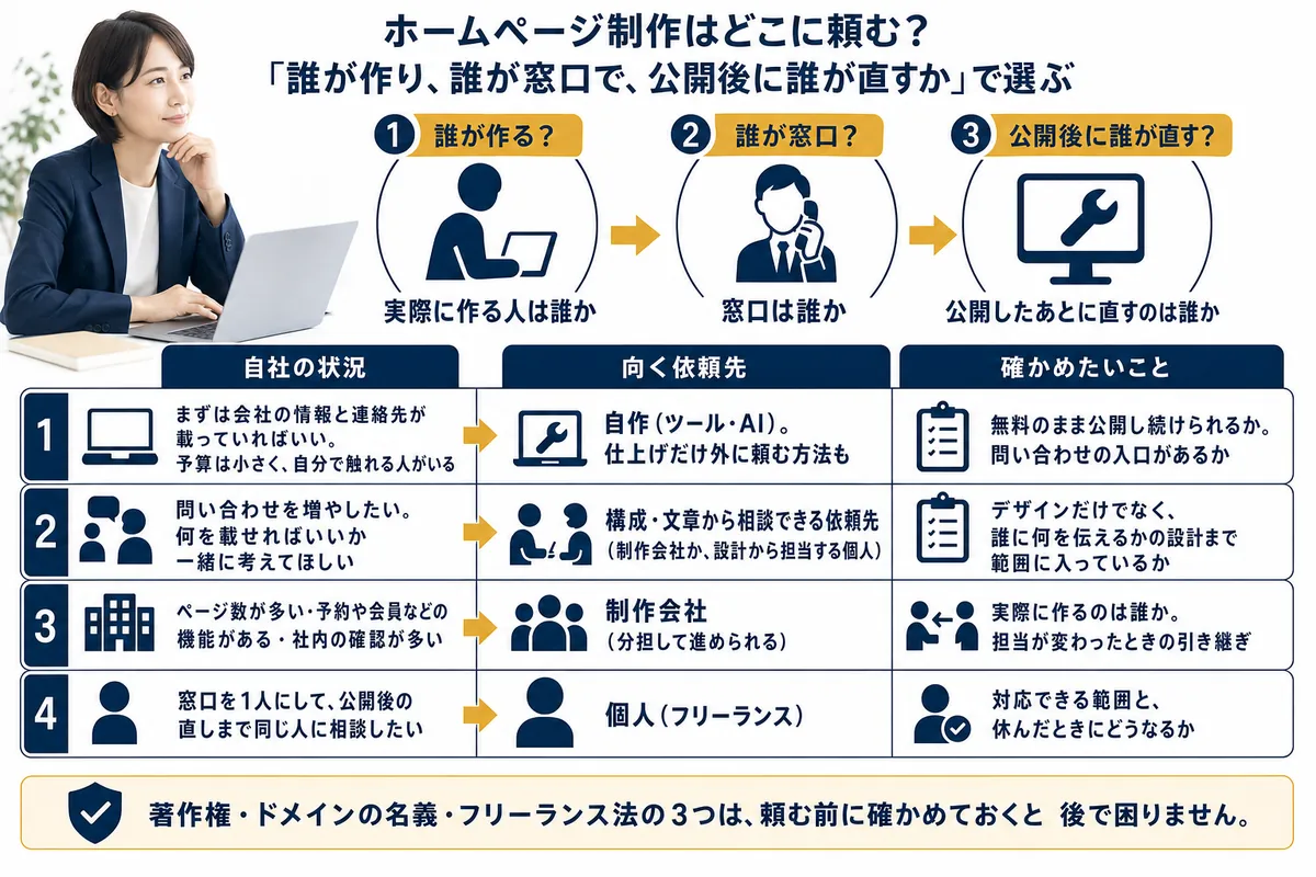 依頼先は「誰が作り、誰が窓口で、公開後に誰が直すか」で選ぶ。自社の状況別に向く依頼先と確かめたいことの早見表