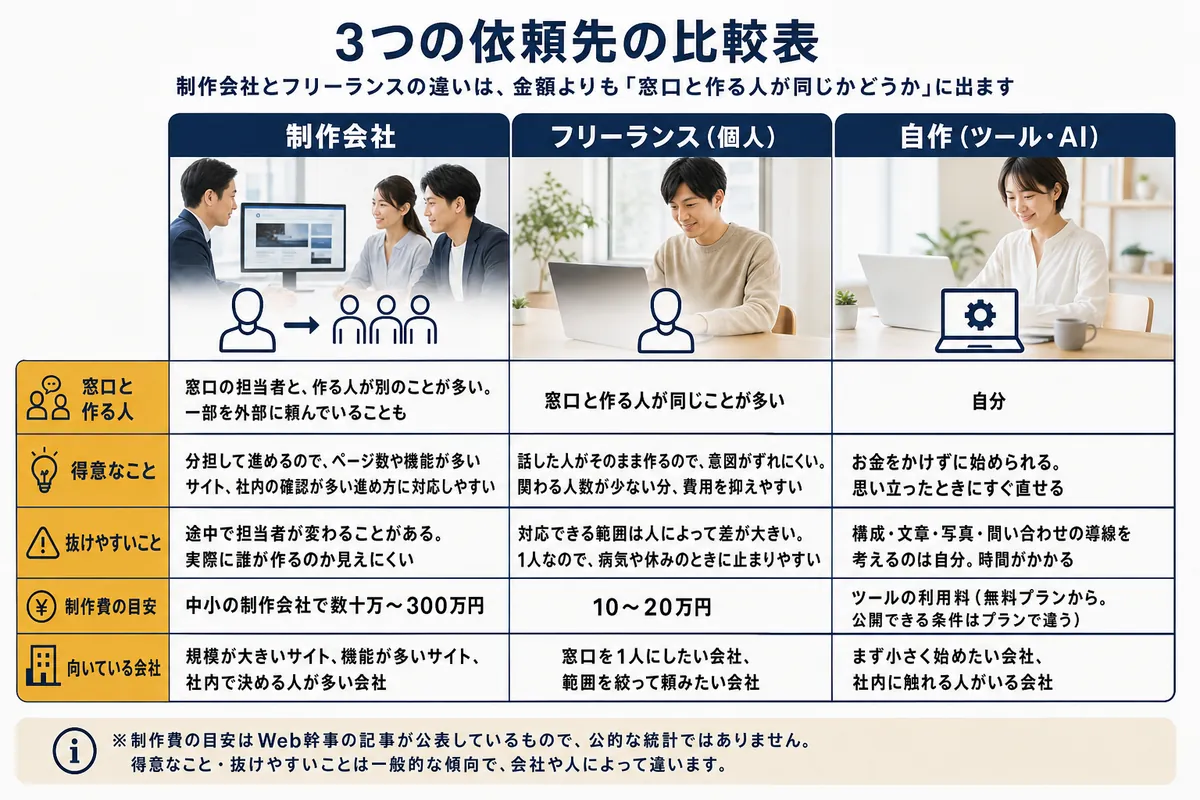 制作会社・フリーランス(個人)・自作(ツール・AI)の3つの依頼先を、窓口と作る人・得意なこと・抜けやすいこと・制作費の目安で比較した表