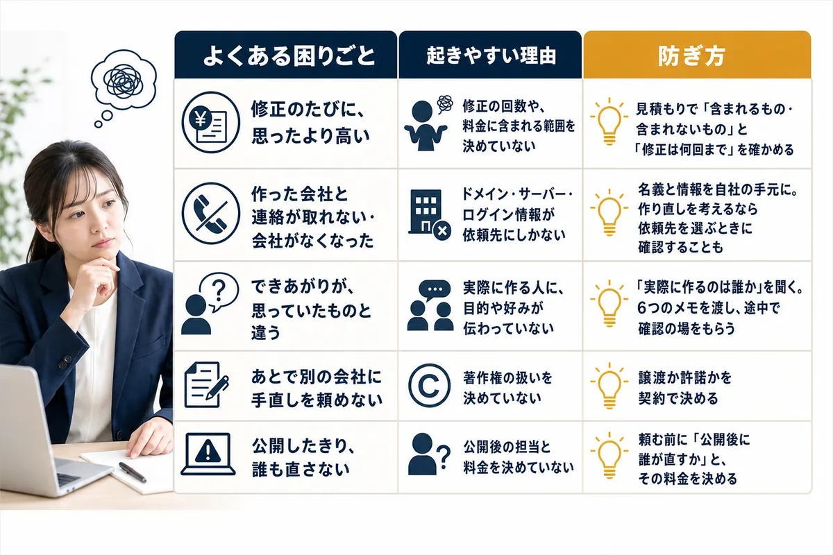 よくある失敗5つ(修正が高い・連絡が取れない・イメージ違い・手直しを頼めない・誰も直さない)の理由と防ぎ方の対応表