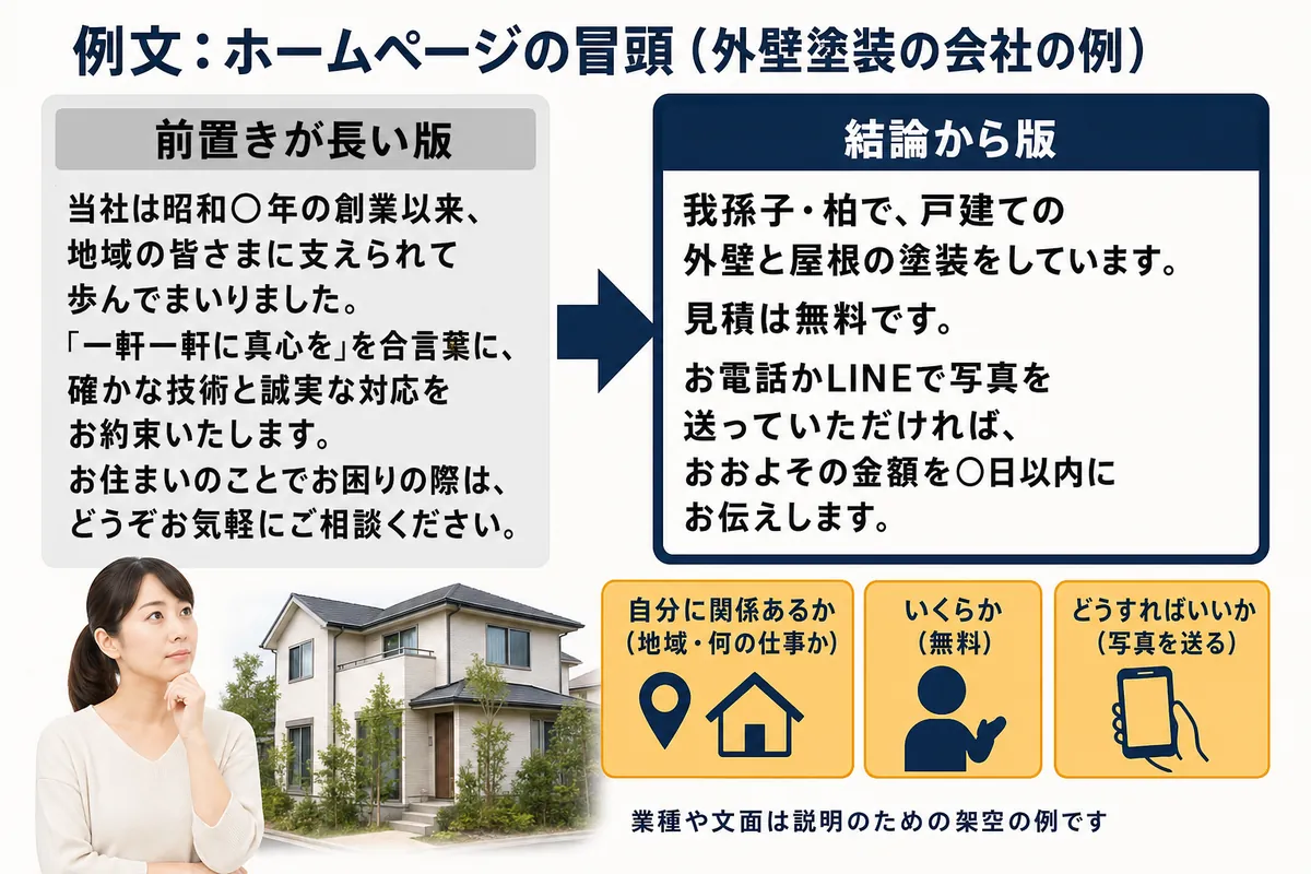 外壁塗装の会社のホームページの冒頭、前置きが長い版→結論から版の比較