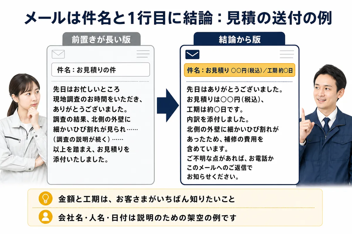見積の送付メール、前置きが長い版→結論から版(件名に金額と工期)の比較