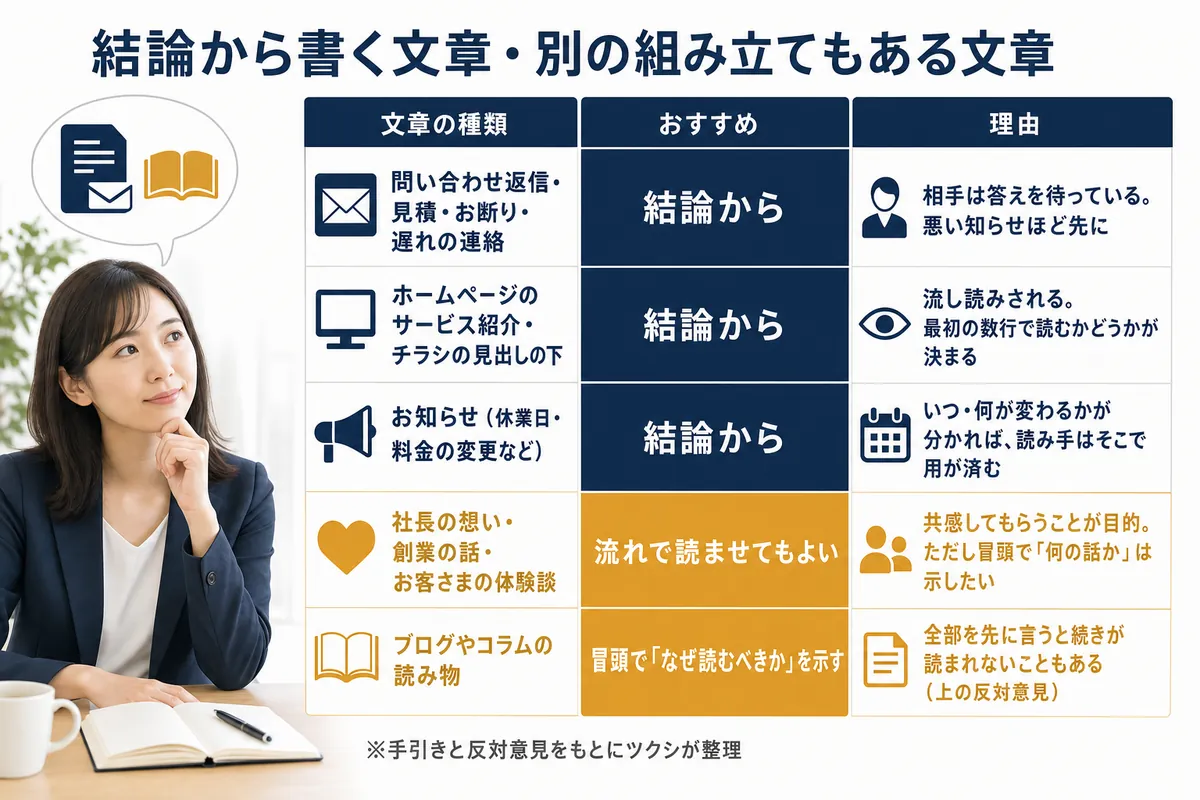 文章の種類別のおすすめ(結論から/流れで読ませてもよい/冒頭で「なぜ読むべきか」を示す)と理由