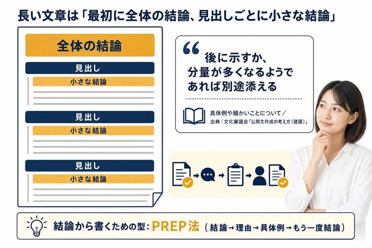 長い文章の組み立て(全体の結論、見出しごとの小さな結論)と公用文作成の考え方の一文、PREP法の順番