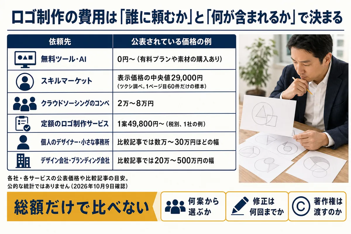 依頼先別の公表価格の早見表(無料ツール・AIからデザイン会社まで)と、総額だけで比べないための3つの確認点