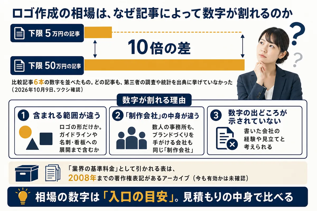 比較記事で制作会社の下限が5万円と50万円に割れる10倍の差と、数字が割れる3つの理由
