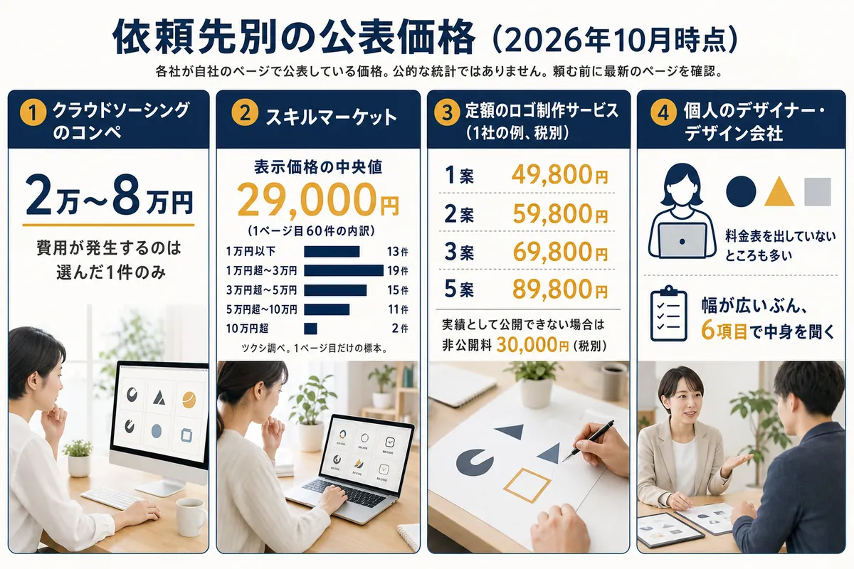 クラウドソーシングのコンペ・スキルマーケット(中央値29,000円と価格帯の内訳)・定額サービス(案の数別の料金)・個人やデザイン会社の公表価格