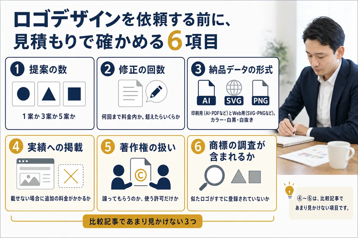 ロゴの見積もりで確かめる6項目(提案の数・修正の回数・納品データの形式・実績への掲載・著作権の扱い・商標の調査)