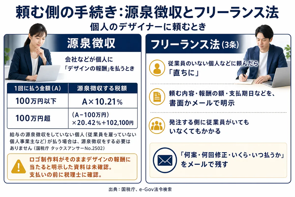 個人のデザイナーに頼むときの源泉徴収の税額の計算式と、フリーランス法3条の条件明示