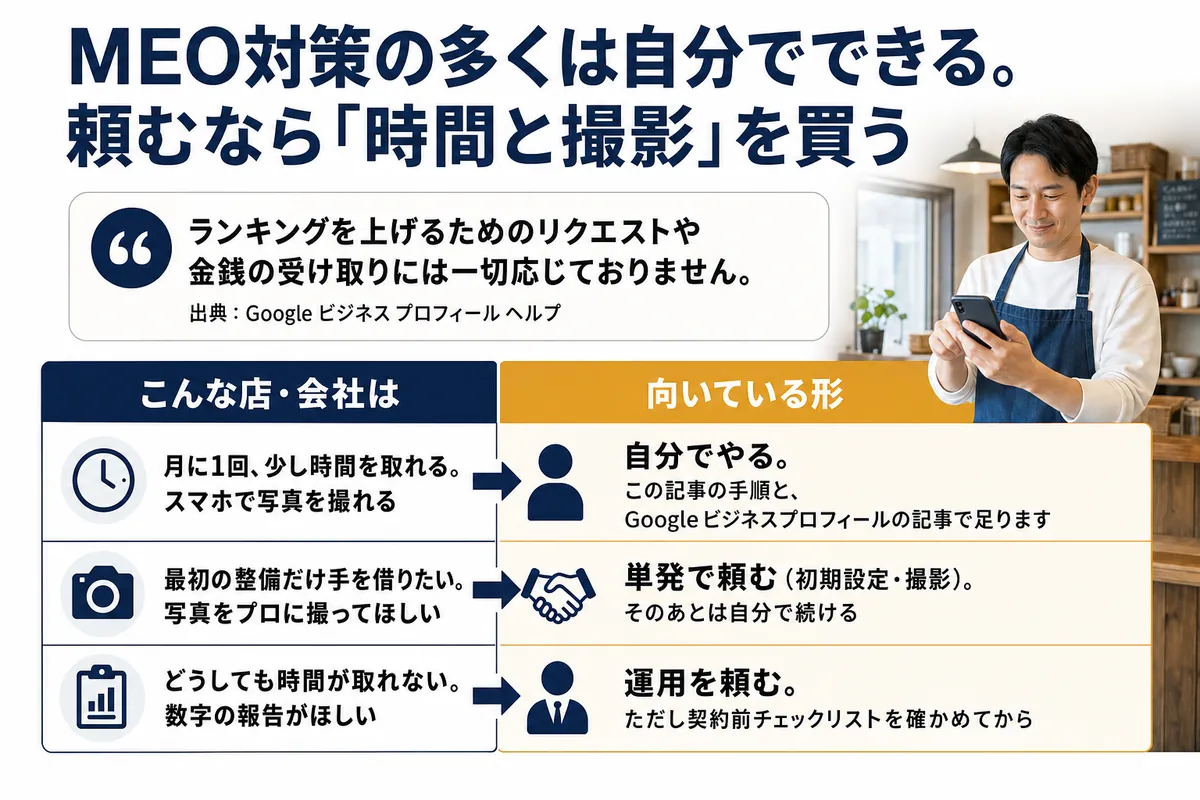 MEO対策の結論。Google公式の一文(順位は金銭で上がらない)と、店・会社の状況別に向いている形(自分でやる/単発で頼む/運用を頼む)