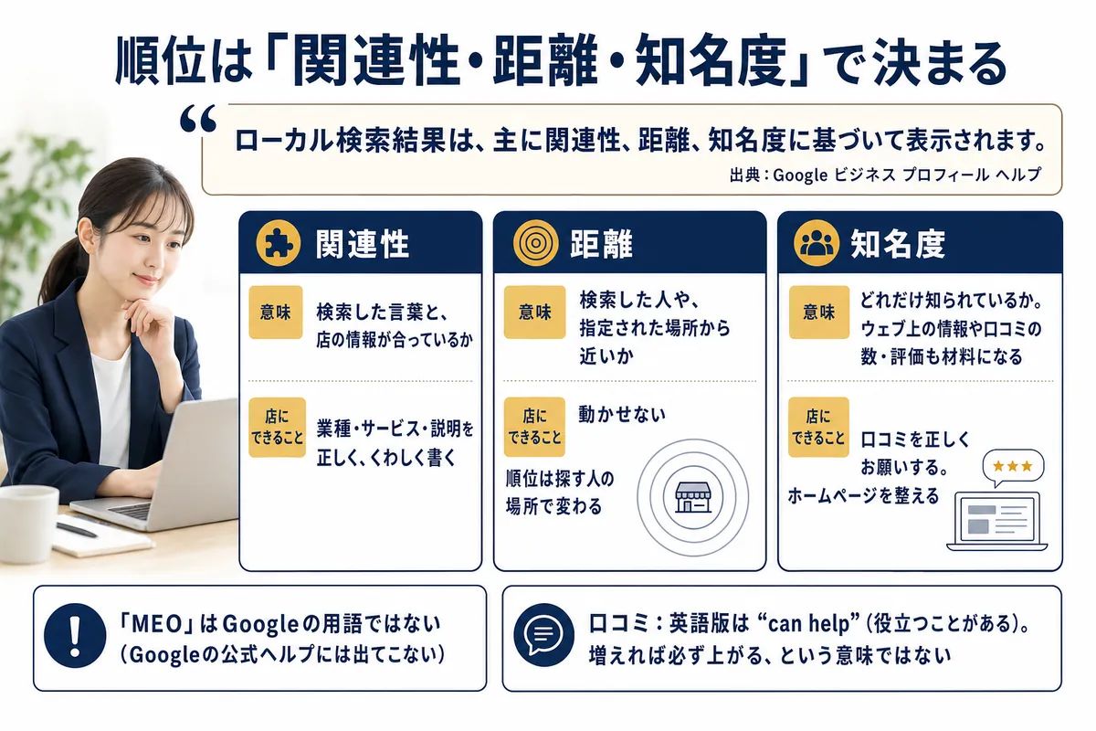 ローカル検索の順位を決める関連性・距離・知名度と、それぞれ店にできること。「MEO」はGoogleの用語ではないこと、口コミの英語版 “can help”