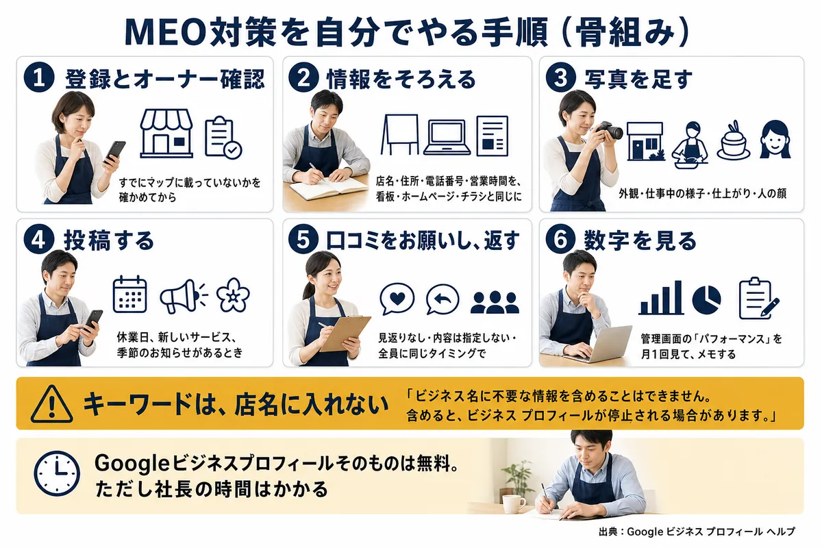 MEO対策を自分でやる6つの手順と、キーワードを店名に入れない注意