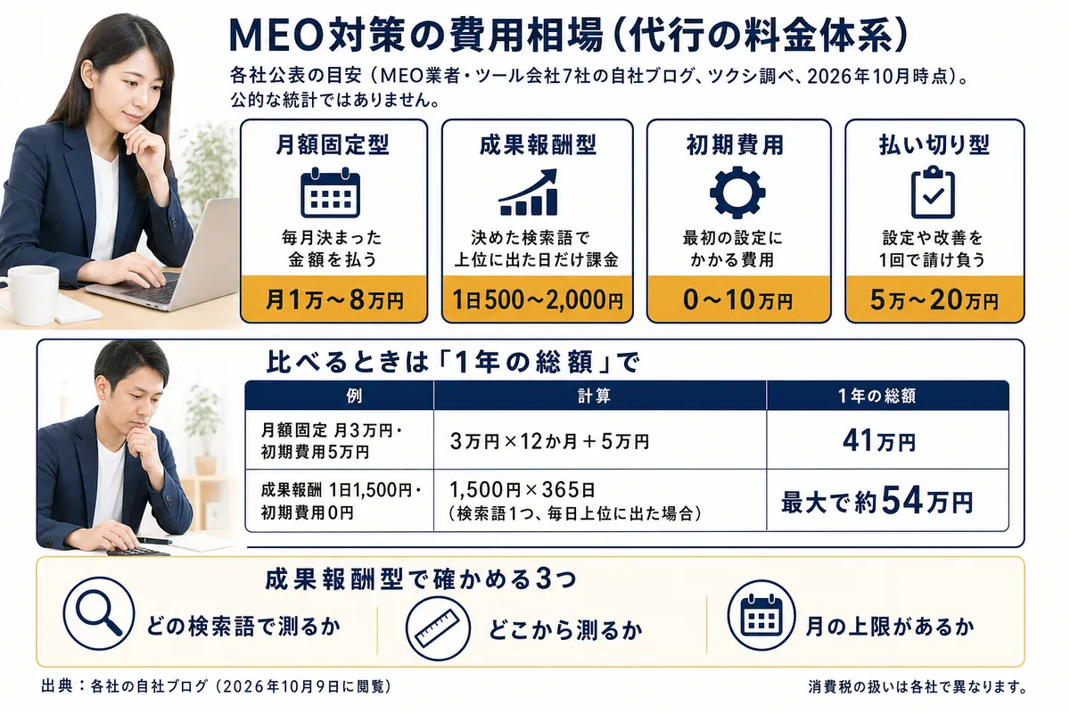 MEO代行の料金体系4つの各社公表の目安、1年の総額の計算例、成果報酬型で確かめる3つ