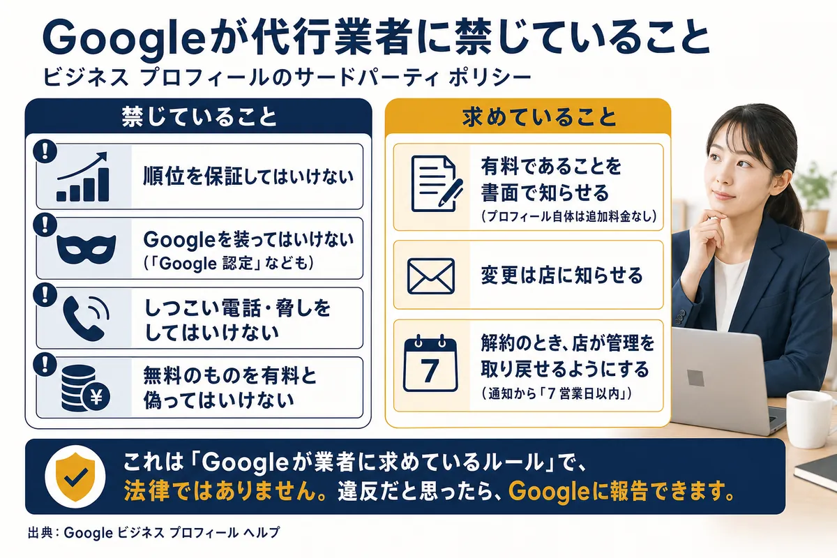 Googleのサードパーティ ポリシーで代行業者に禁じていること4つと求めていること3つ