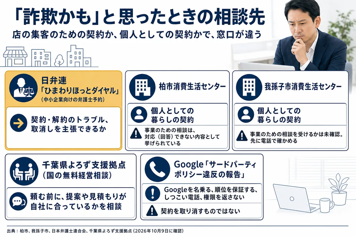 「詐欺かも」と思ったときの相談先5つ(ひまわりほっとダイヤル、柏市・我孫子市の消費生活センター、千葉県よろず支援拠点、Googleへの違反報告)