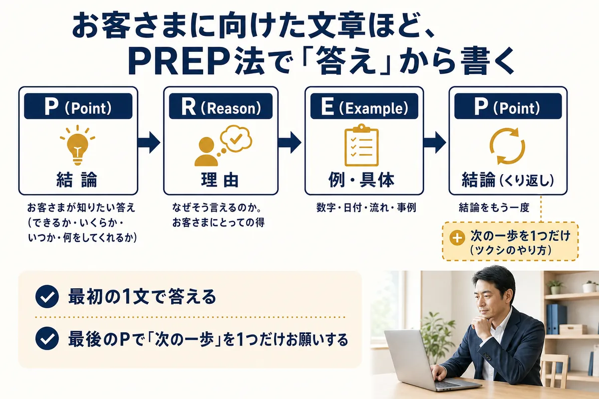 PREP法の4つの箱(P結論・R理由・E例・P結論のくり返し)とお客さま向けの文章で書くこと。最後のPは結論をもう一度、次の一歩はツクシのやり方