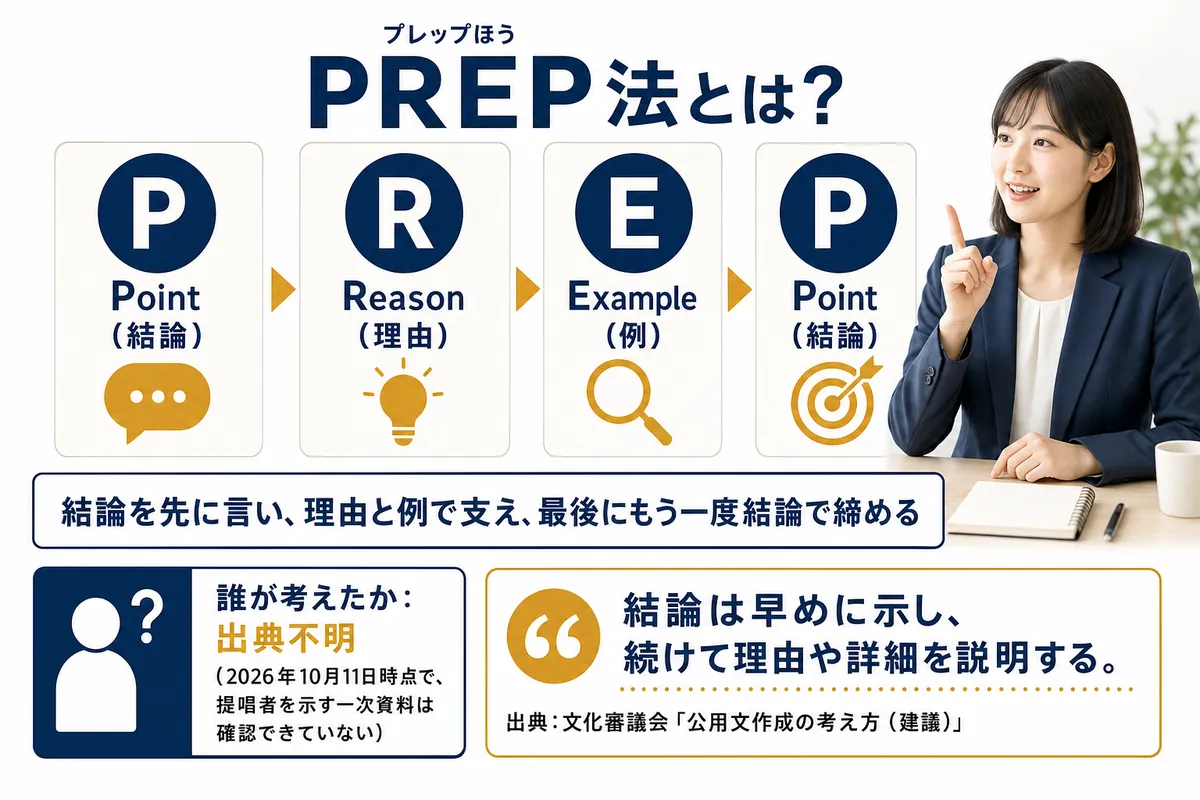 PREP法の読み方と4つの頭文字の意味、提唱者は出典不明、公用文作成の考え方の「結論は早めに示し」の一文