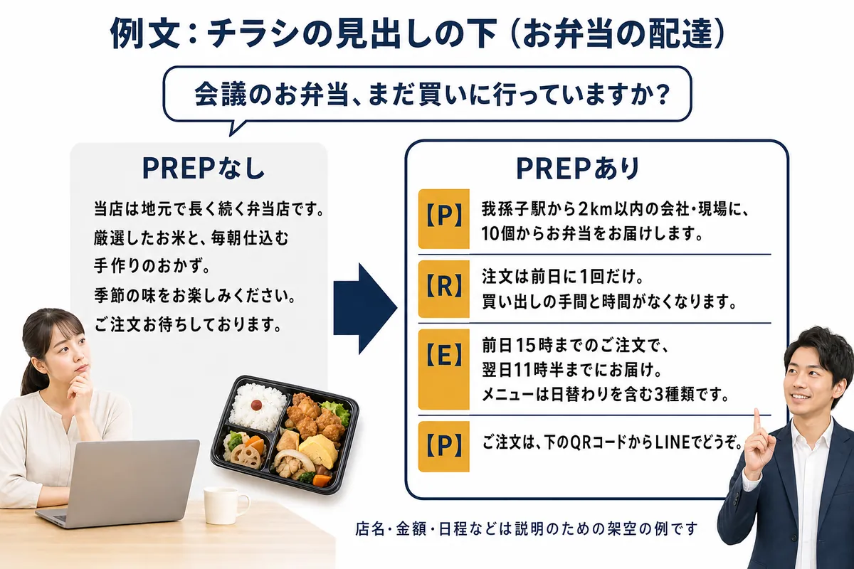 例文②チラシの見出しの下(お弁当の配達)のPREPなし→PREPあり比較