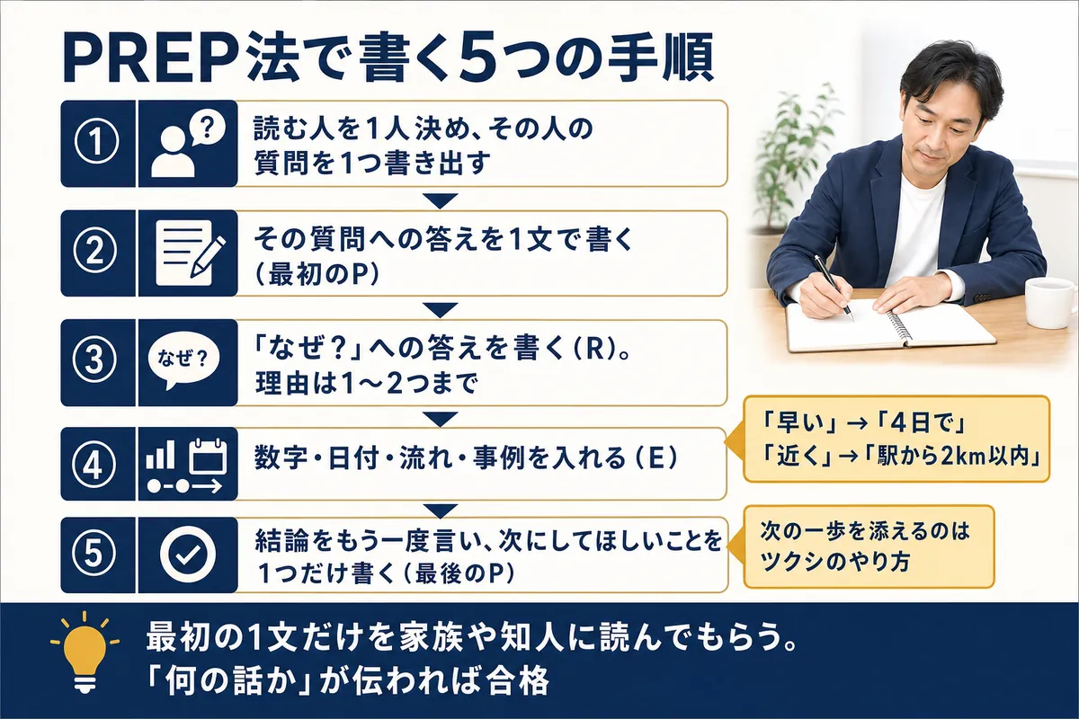PREP法で書く5つの手順と、最初の1文だけを読んでもらう確かめ方