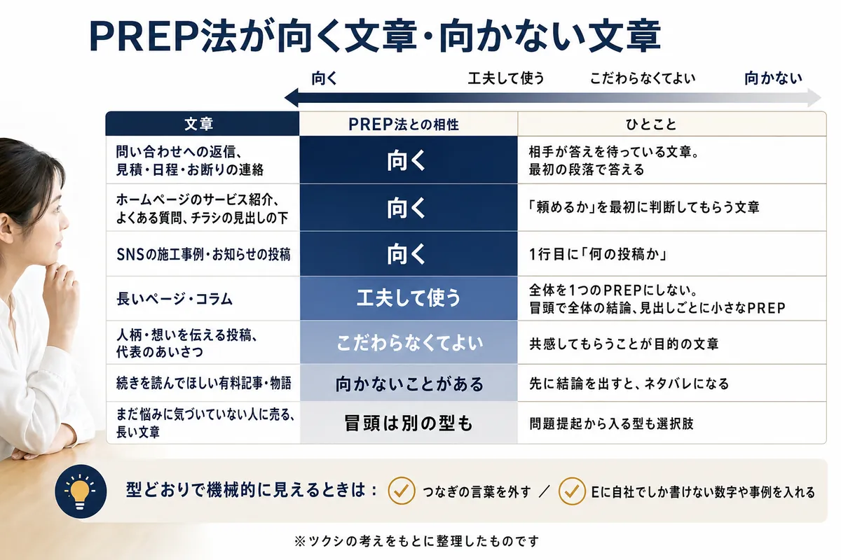 文章の種類別のPREP法との相性(向く〜冒頭は別の型も)と、型どおりで機械的に見えるときの対策