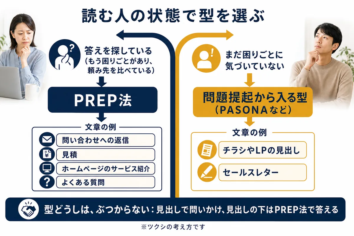 読む人の状態で選ぶ型(答えを探している人にはPREP法、まだ困りごとに気づいていない人には問題提起から入る型)